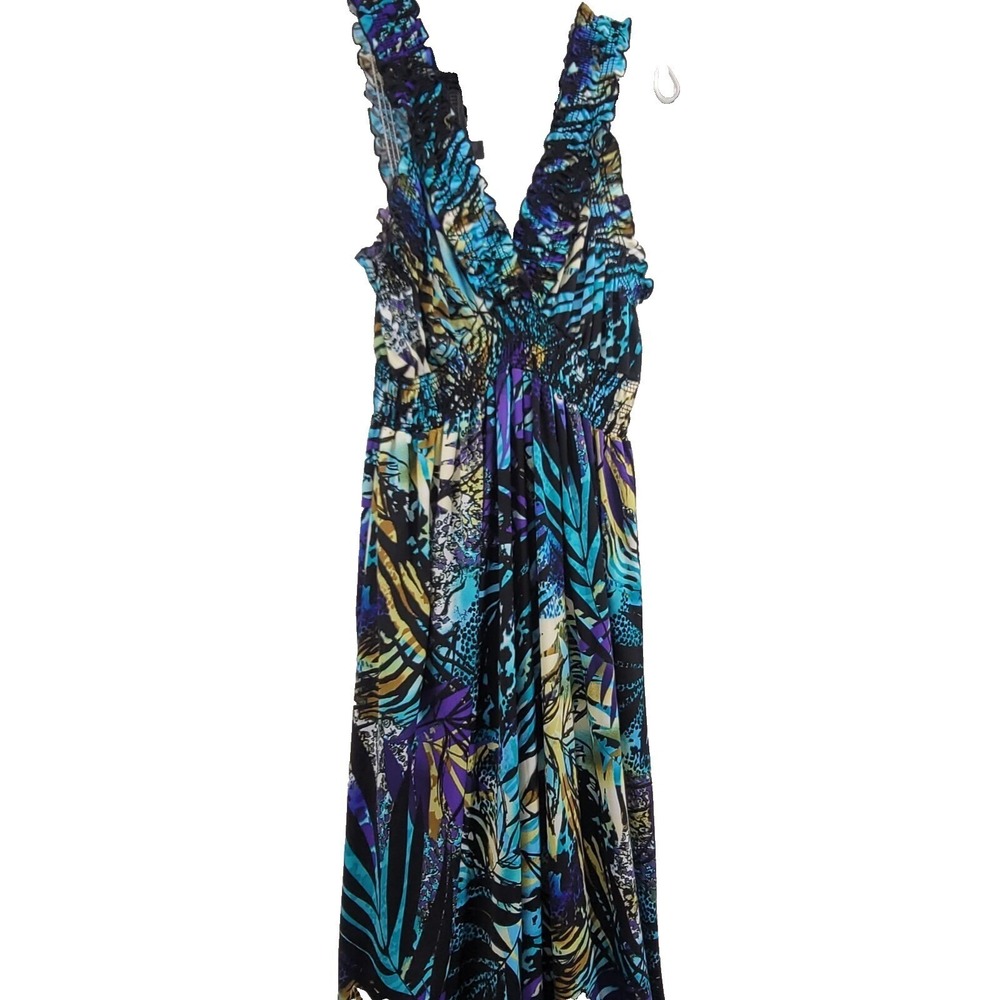 Womens Maxi Dress 1X Blue Purple Abstract Tropical Smocked V-Neck Boho Vacation - Picture 4 of 11